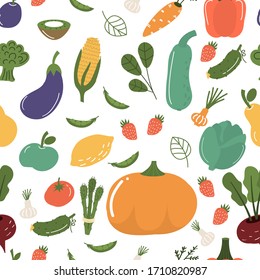 Fruits and vegetables seamless pattern vector illustration. Hand drawn organic vecetarian healthy food. Fresh natural market nutrition. Shopping grocery vegetable and fruit. Summer harvesting