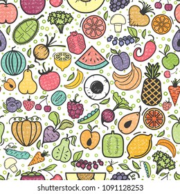 Fruits and vegetables seamless pattern, vegetarian set, summer isolated color vector icons.