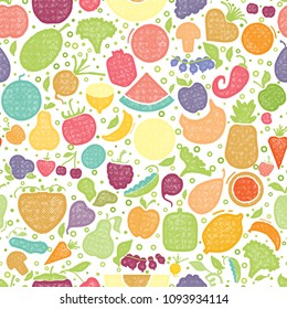 Fruits and vegetables seamless pattern, vegetarian set, summer isolated color vector icons.