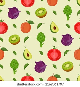 Fruits and vegetables seamless pattern. Vegetarian food, healthy eating concept. Flat vector illustration
