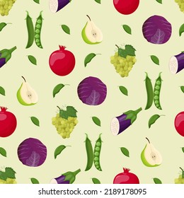 Fruits and vegetables seamless pattern. Vegetarian food, healthy eating concept. Flat vector illustration