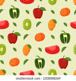 Fruits and vegetables seamless pattern. Vegetarian food, healthy eating concept. Flat vector illustration