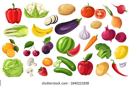 Fruits and vegetables seasonal products, harvested veggies. Beetroots and onions, cabbage and bell pepper, cucumber and eggplant or aubergine. Broccoli and banana, cherries vector in flat style