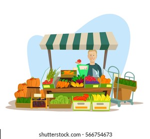 Fruits and vegetables seller man character. Vector flat cartoon illustration