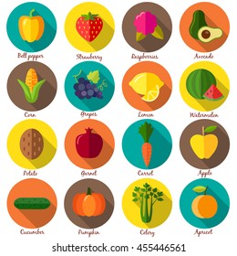 Fruits and vegetables. Set 1. Flat style icons in circles with long shadows. Vector illustration.
