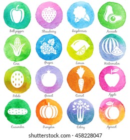 Fruits and vegetables. Set 1. Vector watercolor  stains. Hand painted colorful  circles.