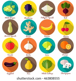 Fruits and vegetables. Set 2. Flat style icons in circles with long shadows. Vector illustration.
