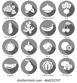 Fruits and vegetables. Set 2. Flat style icons in circles with long shadows. Vector illustration.
