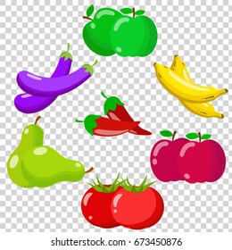 fruits and vegetables set, apple, banana, tomato, chili, eggplant, and pear
