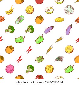 Fruits and Vegetables set. Background for printing, design, web. Usable as icons. Seamless. Colored.