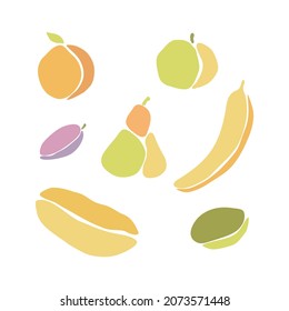 Fruits and vegetables set, boho style, cut paper pieces, jagged edges. Pear apple kiwi banana melon plum orange. Isolated, white background. Vector illustration
