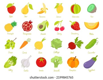 Obst und Gemüse. Set von Farbvektorsymbols mit Titeln. Jukate Farben.