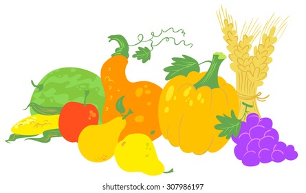 Fruits and vegetables set. Composition for Thanksgiving cards, posters, wrapping. Autumn crop. Vector illustration with pumpkin, carrots, grape, wheat, watermelon, corn, pear, apple