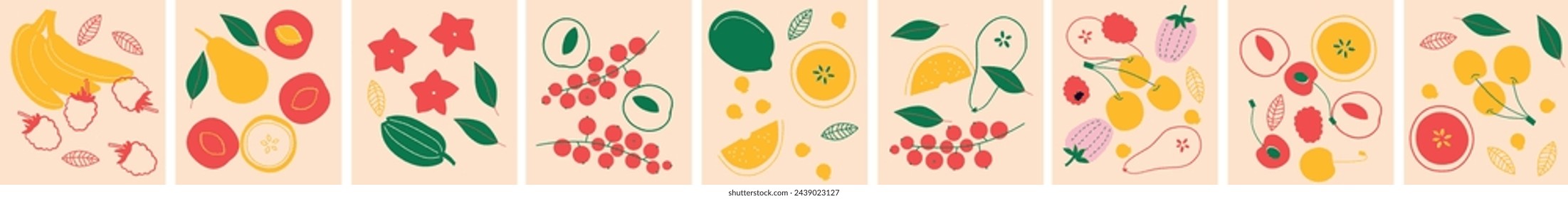 Fruits and vegetables set. Flat abstract vector. Collection fruits, berries and vegetables art