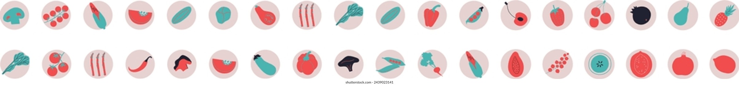 Fruits and vegetables set. Flat abstract vector. Collection fruits, berries and vegetables art