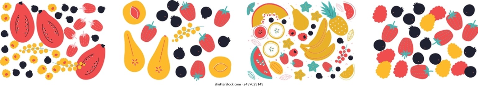 Set de frutas y verduras. Vector abstracto plano. Colección de frutas, bayas y verduras arte