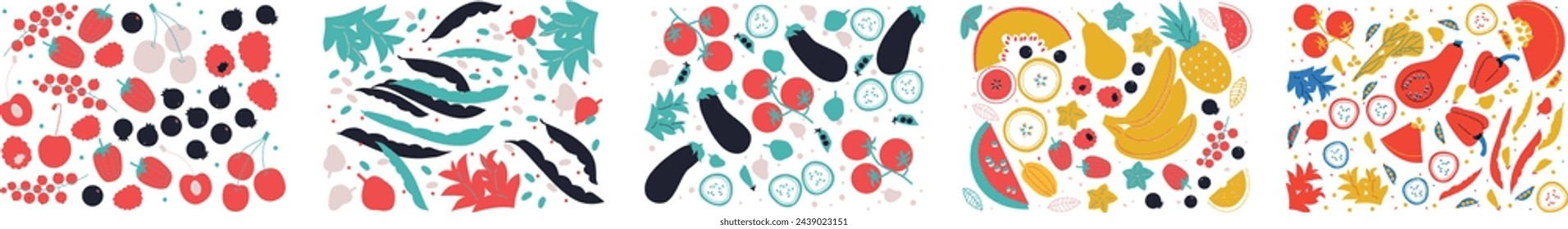 Set de frutas y verduras. Vector abstracto plano. Colección de frutas, bayas y verduras arte