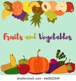 Fruits and vegetables. Set of flat fruits and vegetables. Vector illustration. Fruits and vegetables background