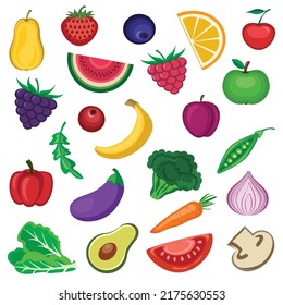 Fruits and vegetables, set of icons, flat vector design.
