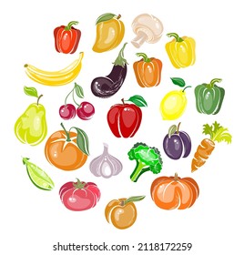 Fruits vegetables set icons. Isolated on white background. Vector illustration.