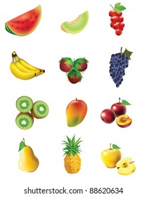 Fruits and vegetables, set of isolated, detailed vector illustrations and icons