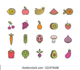 fruits and vegetables. set of minimalistic line icons