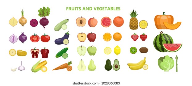 Fruits and vegetables set on white background.