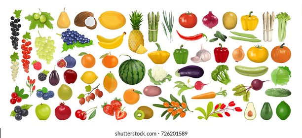 Fruits and vegetables set on the white background.