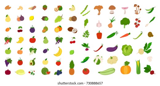 Fruits and vegetables set on white background.