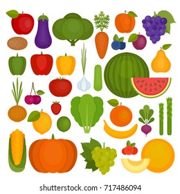 Fruits and vegetables set. Organic and healthy food. Flat style, vector illustration.