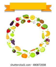 Fruits and vegetables set in a ring shape with a space for text and ribbon, harvest banner template, vector flat illustration