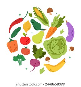 Frutas y verduras en forma redonda. Comida saludable. Ilustración vectorial dibujada a mano en estilo minimalista de moda.