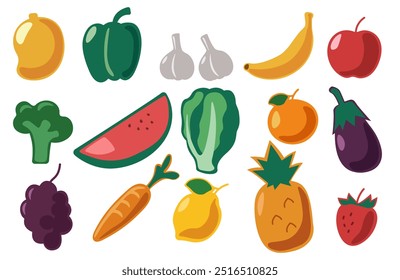Fruits and vegetables set. Vector food icons isolated on a white background. Food, carrot, apple, banana, grapes, lettuce.