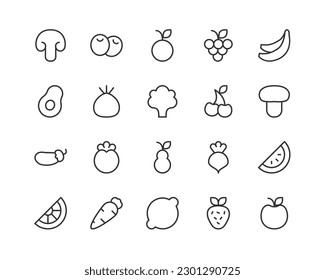 fruits and vegetables set vector line icons. Thin line design elements. Collection of editable stroke icons