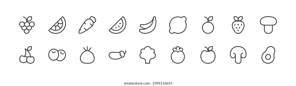 fruits and vegetables set vector line icons. Thin line design elements. Collection of editable stroke icons