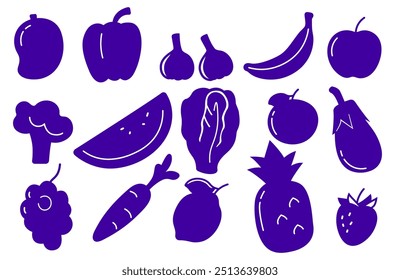 Fruits and vegetables set. Vector silhouette illustrations. Food, carrot, apple, banana, grapes, lettuce.