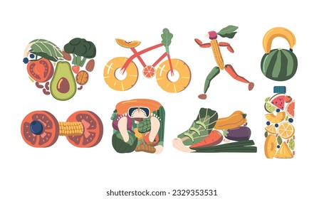 Frutas Y Verduras En Forma De Zapato, Corazón, Bicicleta, Deportista En Funcionamiento, Dumbbell, Escala Y Botella De Agua