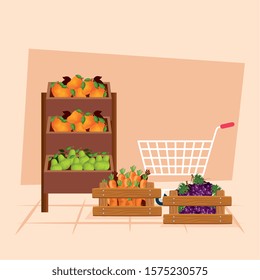 Fruits and vegetables shop design, Store market shopping commerce retail buy and paying theme Vector illustration