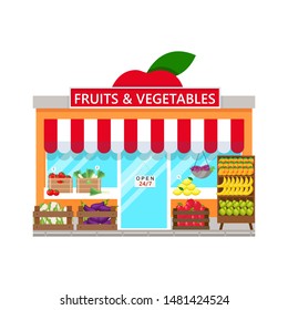 Tienda de frutas y verduras en estilo plano aislado sobre fondo blanco. Fachada de la tienda de comestibles.