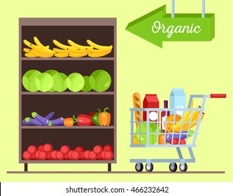 Fruits and vegetables shop. Green grocery stall. Food mall vector illustration. Fresh healthy vegetables in supermarket store. Vegetable shelf
