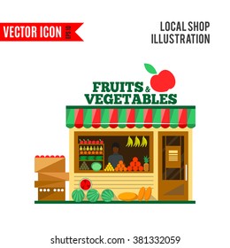 Fruits and vegetables shop. Man silhouette in a shop window. Green grocery stall. Food shop vector illustration. Banana, apple, orange, lime, pumpkin. Promotion of healthy eating concept.
