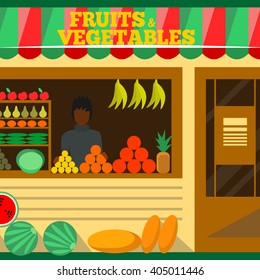 Fruits and vegetables shop. Man silhouette in a store window. Green grocery stall. Food mall vector illustration. Banana, apple, orange, lime, pumpkin. Promotion of healthy eating concept.