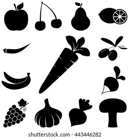 Fruits and Vegetables signs set. Flat icons Vector illustration