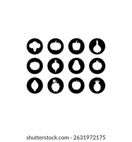 Fruits and Vegetables Silhouette Icons for Graphic Use. Healthy Food Symbols Isolated on White Background