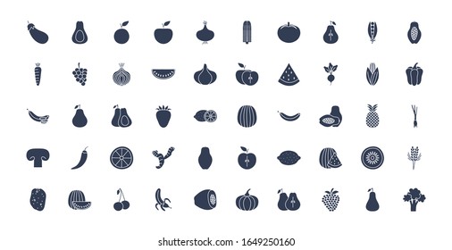 Fruits and vegetables silhouette style icon set design, healthy organic food fresh natural market product quality and restaurant theme Vector illustration