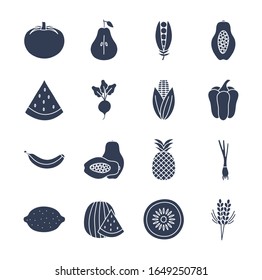 Fruits and vegetables silhouette style icon set design, healthy organic food fresh natural market product quality and restaurant theme Vector illustration
