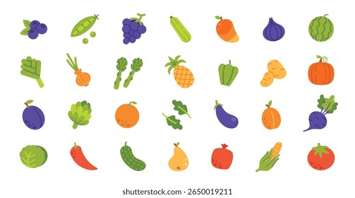 Frutas e legumes. Simples rabiscar frutas e legumes. Colorido vários vegetais, frutas, bagas, cogumelos, plantas verdes. Ícones orgânicos de comida saudável no fundo branco. Conjunto de vetores.