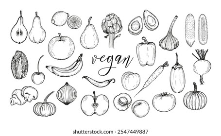 Frutas e legumes esboçar esboço coleção de ilustração. Desenho simples doodle definido em estilo de gravação. Clipart de arte de linha vetorial desenhada à mão