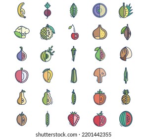 Fruits and vegetables, sliced icon set