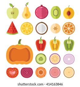 Fruits and vegetables slices set. Apple, pear, pomegranate, watermelon, lemon, apricot, banana, pumpkin, pepper, tomato, other vegetables, fruits. Flat vector slices icons isolated on white background